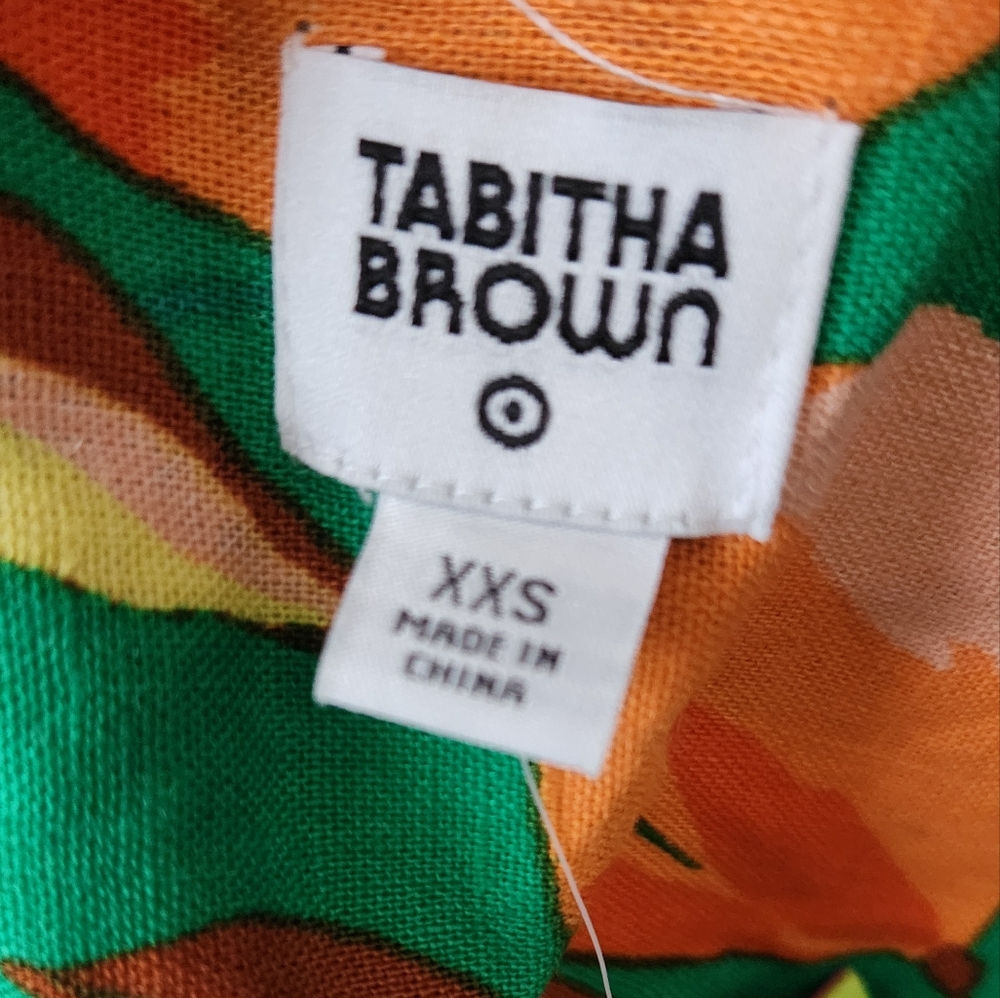 Tabitha Brown Leopard Orange Print Linen Blend Collared Shirt - Picture 3 of 5